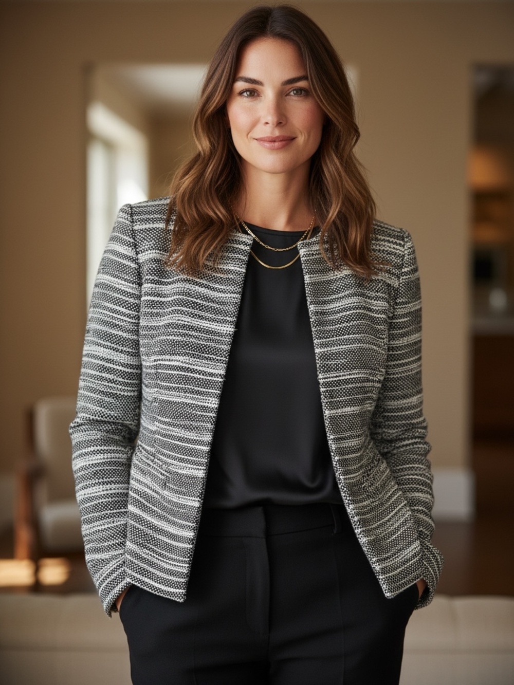 Akris Silk Tweed Tailored Blazer with Stand Collar US 10